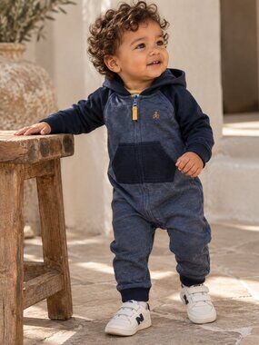 Baby Gap Factory Boys Navy Blue Fleece Hooded Romper Jumpsuit Bear 12-18M